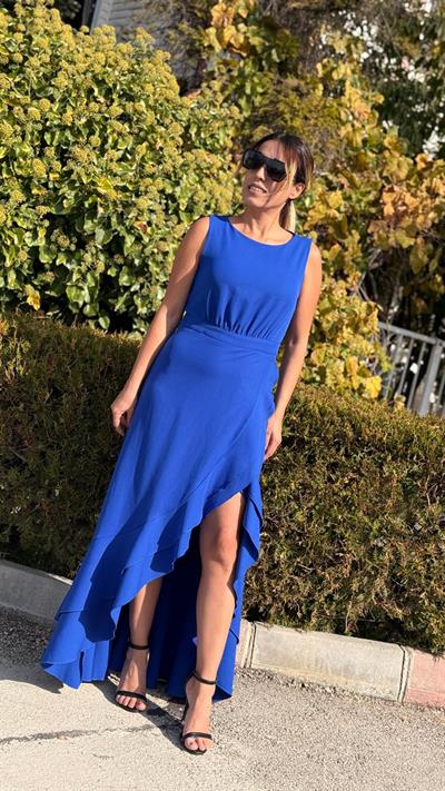 Saks Mavi  Dabıl Kumaş Volanlı Elbise