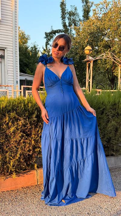 Saks Sırt Dekolteli Keten Elbise