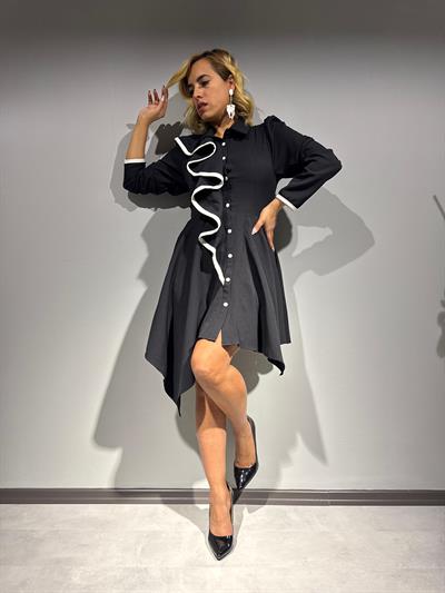 Sİyah Atlas Kumaş Biye Detaylı Asimetrik Elbise