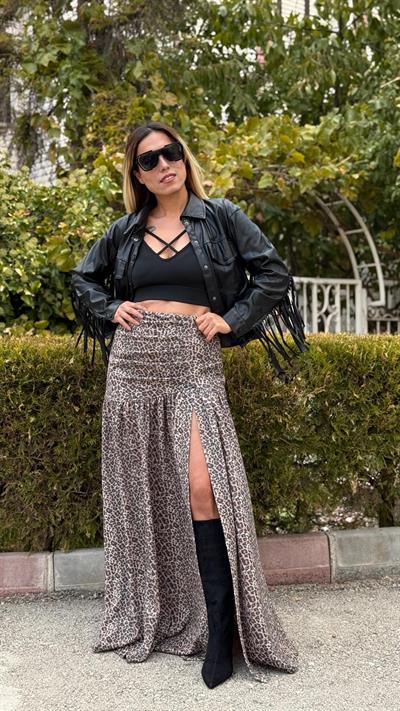 siyah camel leopar desenli derin yırtmaçlı likralı etek