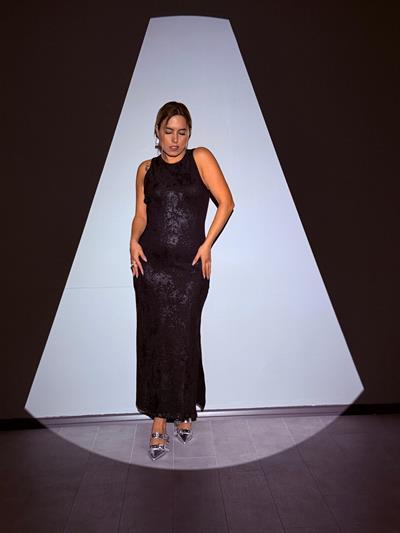 Siyah Gümüş Baskılı Uzun Elbise