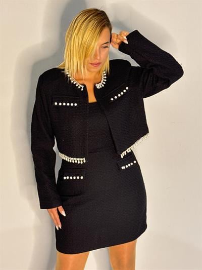 Siyah İncili Askılı Elbise Ceket Takım