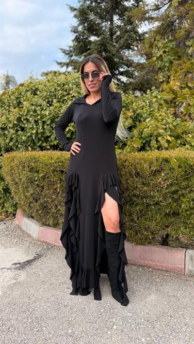 siyah kapişonlu volanlı tasarım elbise
