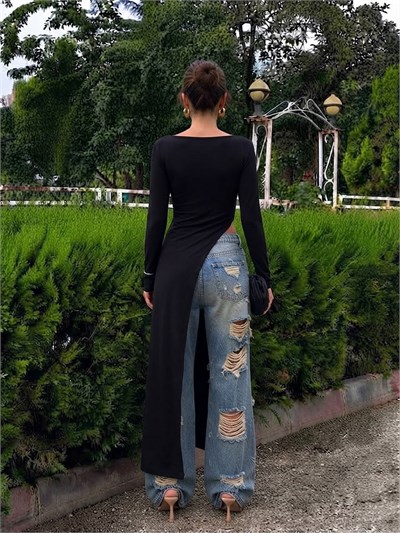 Siyah Sandy Kumaş Asimetrik Kesim Tunik