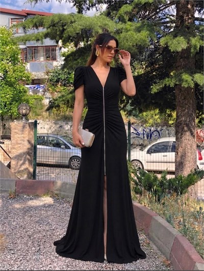 Siyah Sandy Kumaş Önü Fermuarlı Büzgülü Elbise
