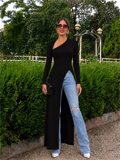 Siyah Sandy Kumaş Yaka Detaylı Asimetrik Bluz