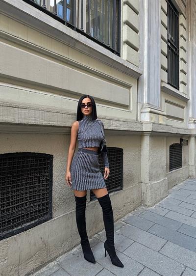 Siyah Simli Tek Kol Kazak Mini Etek Takım