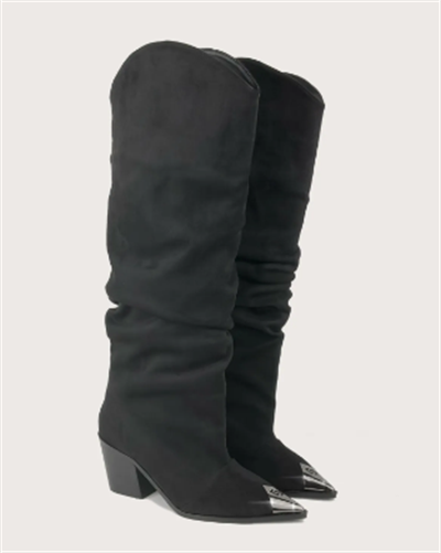 Siyah Süet Önü Metal Detay Kovboy Çizme