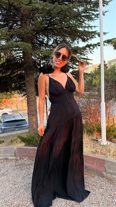 Siyahl Sırt Dekolteli Keten Elbise