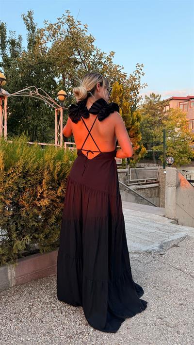 Siyahl Sırt Dekolteli Keten Elbise