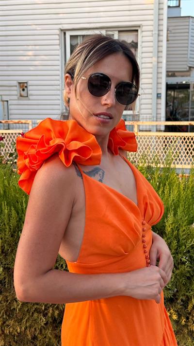 Turuncu  Sırt Dekolteli Keten Elbise