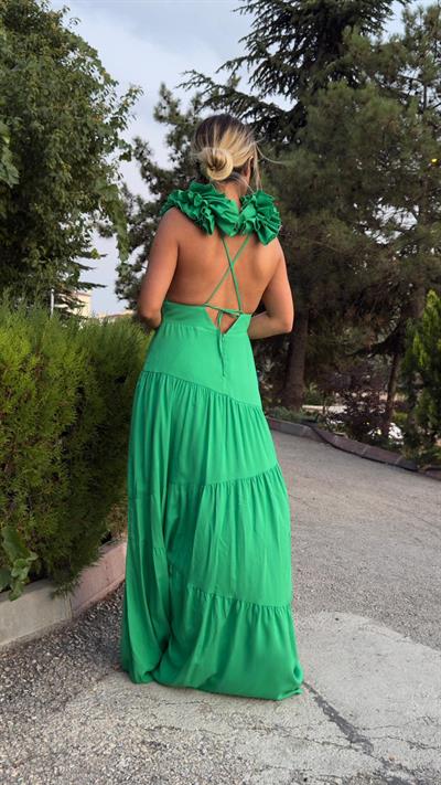 Yeşil Sırt Dekolteli Keten Elbise