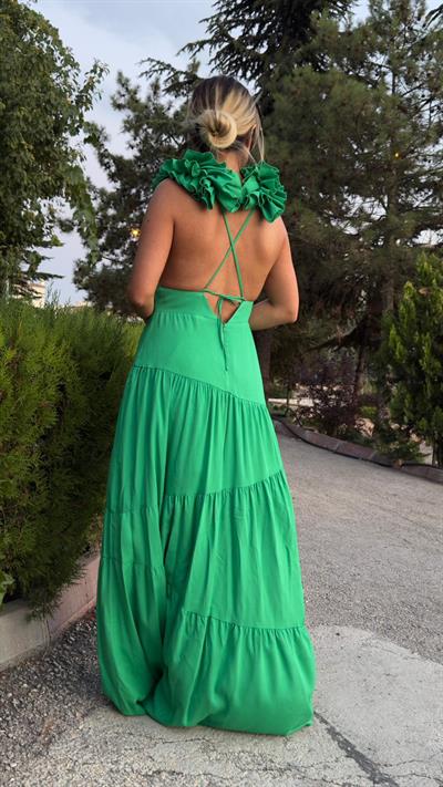 Yeşil Sırt Dekolteli Keten Elbise