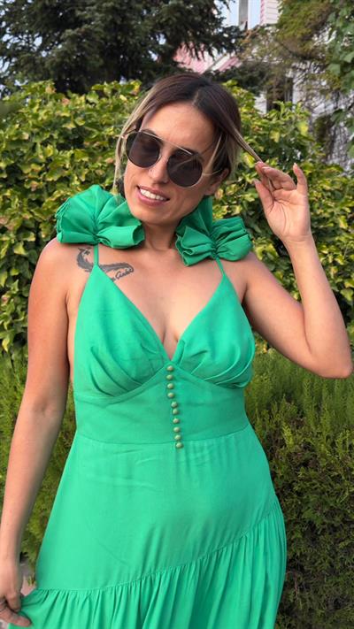 Yeşil Sırt Dekolteli Keten Elbise