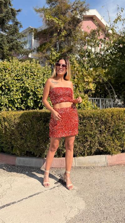 zara payet turuncu alt üst takım