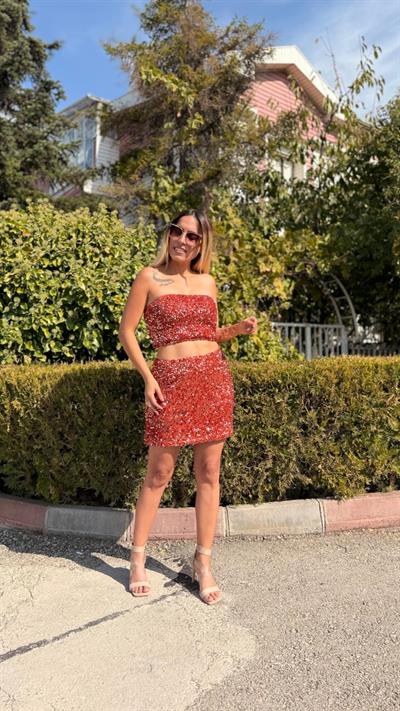 zara payet turuncu alt üst takım