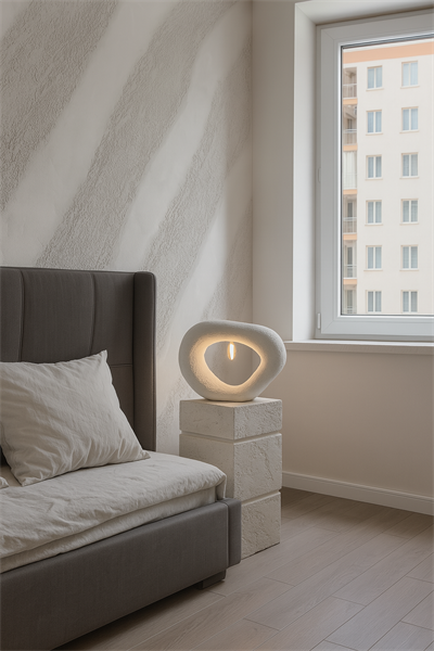 Fiber Beton Görünümlü Modern Abajur – Dekoratif Sehpa Üstü E14 Duy Elektrik Bağlantılı Masa Lambası