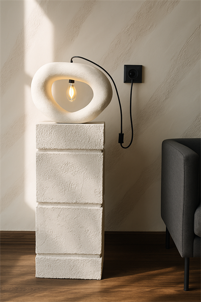 Fiber Beton Görünümlü Modern Abajur – Dekoratif Sehpa Üstü E14 Duy Elektrik Bağlantılı Masa Lambası