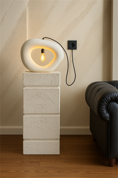 Fiber Beton Görünümlü Modern Abajur – Dekoratif Sehpa Üstü E14 Duy Elektrik Bağlantılı Masa Lambası