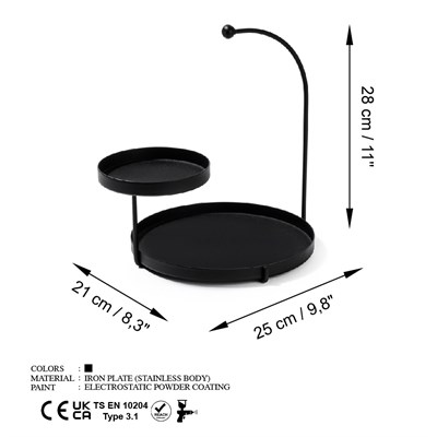 Sunum Tepsisi Mutfak Banyo Düzenleyici Organizer Takı Standı Siyah 28 cm 