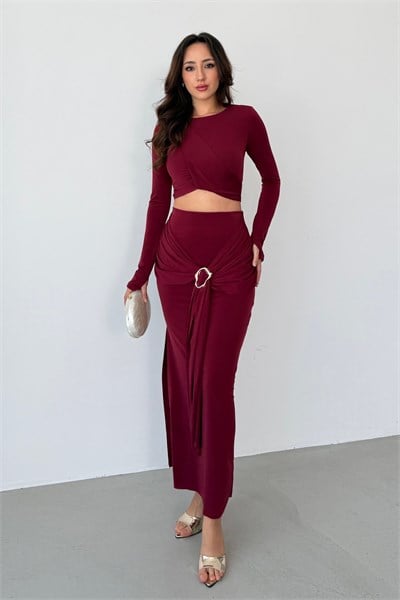 Bordo Toka Detaylı Bluz Etek Takım