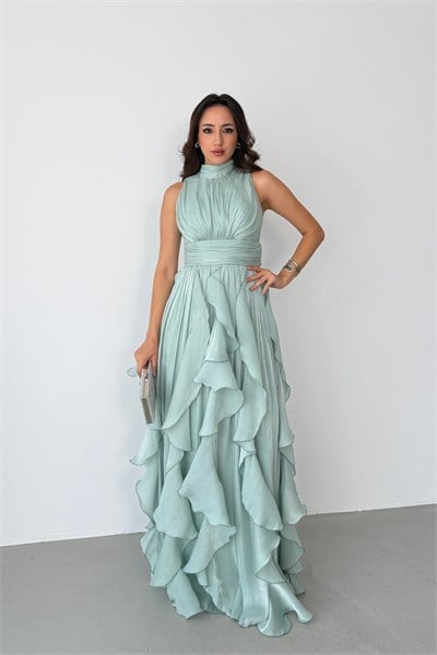 Mint Halter Yaka Volanlı Uzun Abiye Elbise