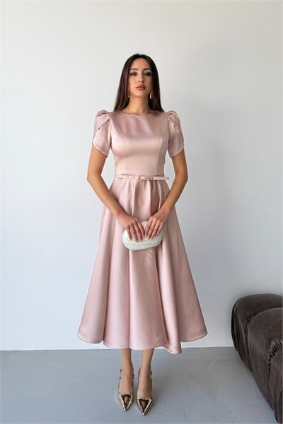 Pudra Balon Kol İnce Kemerli Midi Saten Abiye Elbise