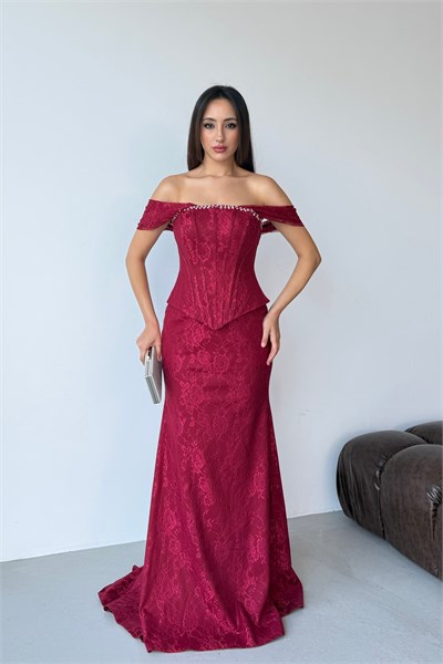 Bordo Düşük Omuz Büstiyer Detaylı Dantelli Uzun Abiye Elbise