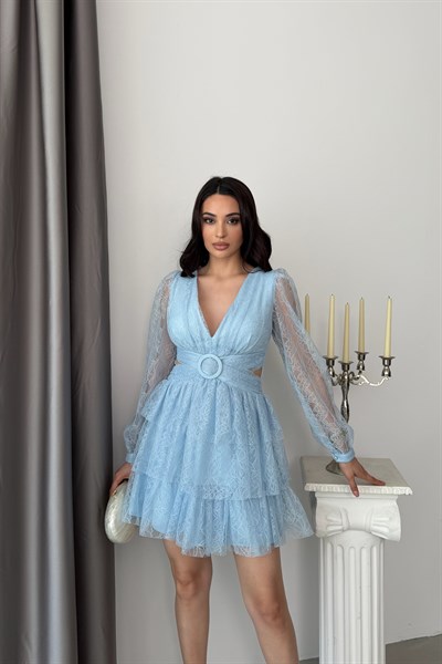 Bebe Mavi V Yaka Dantel Kollu Sırt Detaylı Kısa Abiye Elbise
