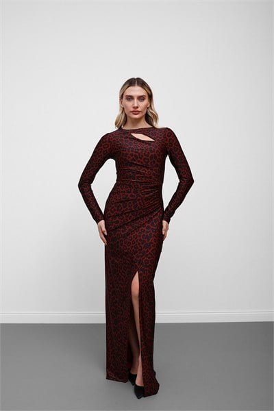 Bordo Desenli Pencere Detaylı Yırtmaçlı Elbise