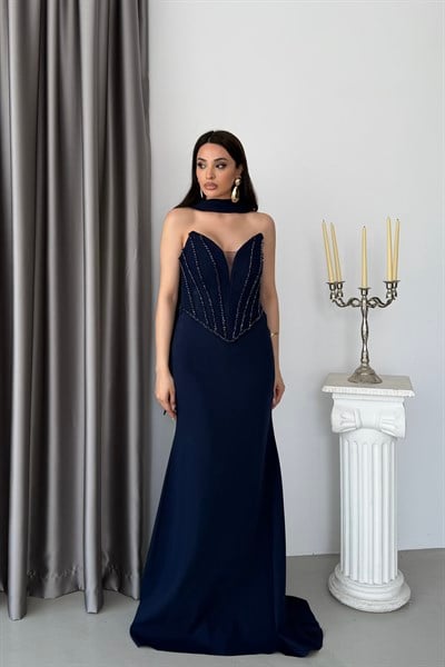 Lacivert Straplez Dantel Korse Detaylı Fularlu Balık Model  Abiye Elbise