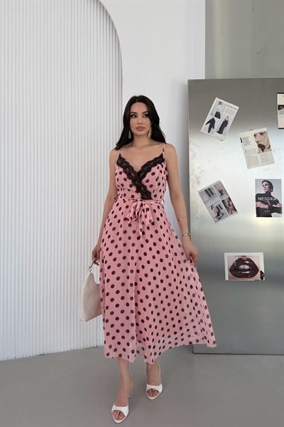 Pembe İnce Askılı Önü Bağlamalı Elbise