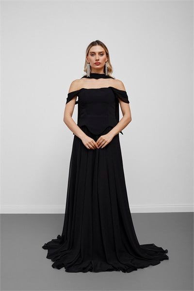Siyah Düşük Omuz Peplum Kesim Fularlı Pileli Abiye Elbise