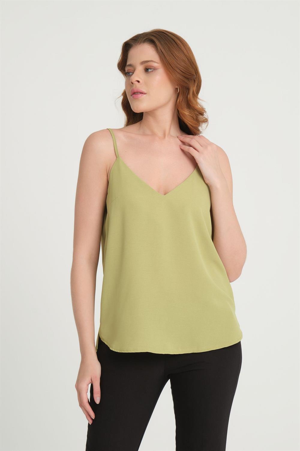 Askılı V Yaka Bluz Olive