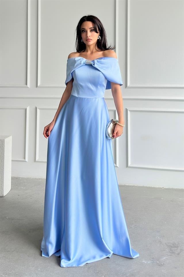 Bebe Mavi Önü Taşlı Fiyonk Detaylı AbiyeAbiye & Mezuniyet ElbisesiST5535-1035