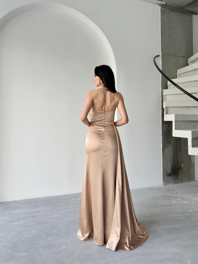 Bej Straplez Drapeli Saten Abiye ElbiseAbiye & Mezuniyet ElbisesiST5561-7209