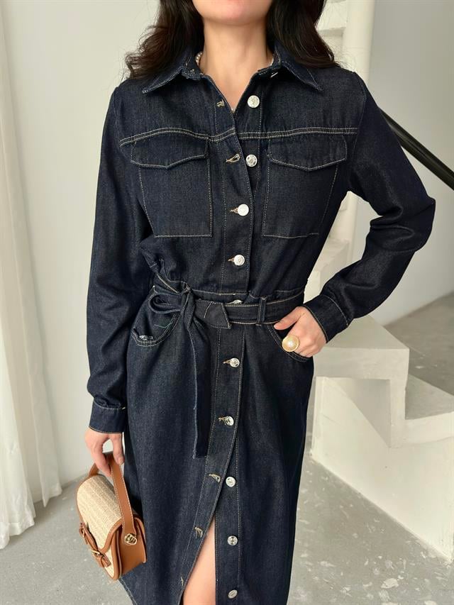 Beli Kuşaklı Cep Detaylı Denim ElbiseElbiseST566-7326