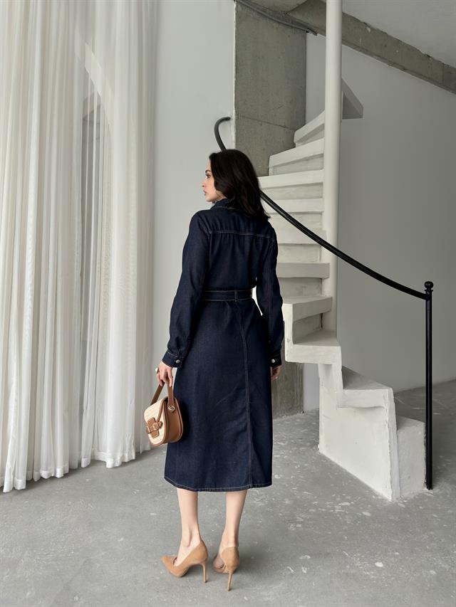 Beli Kuşaklı Cep Detaylı Denim ElbiseElbiseST566-7326