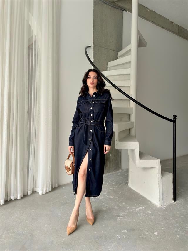 Beli Kuşaklı Cep Detaylı Denim ElbiseElbiseST566-7326