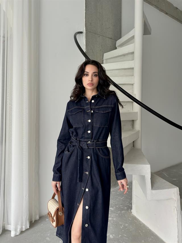 Beli Kuşaklı Cep Detaylı Denim ElbiseElbiseST566-7326