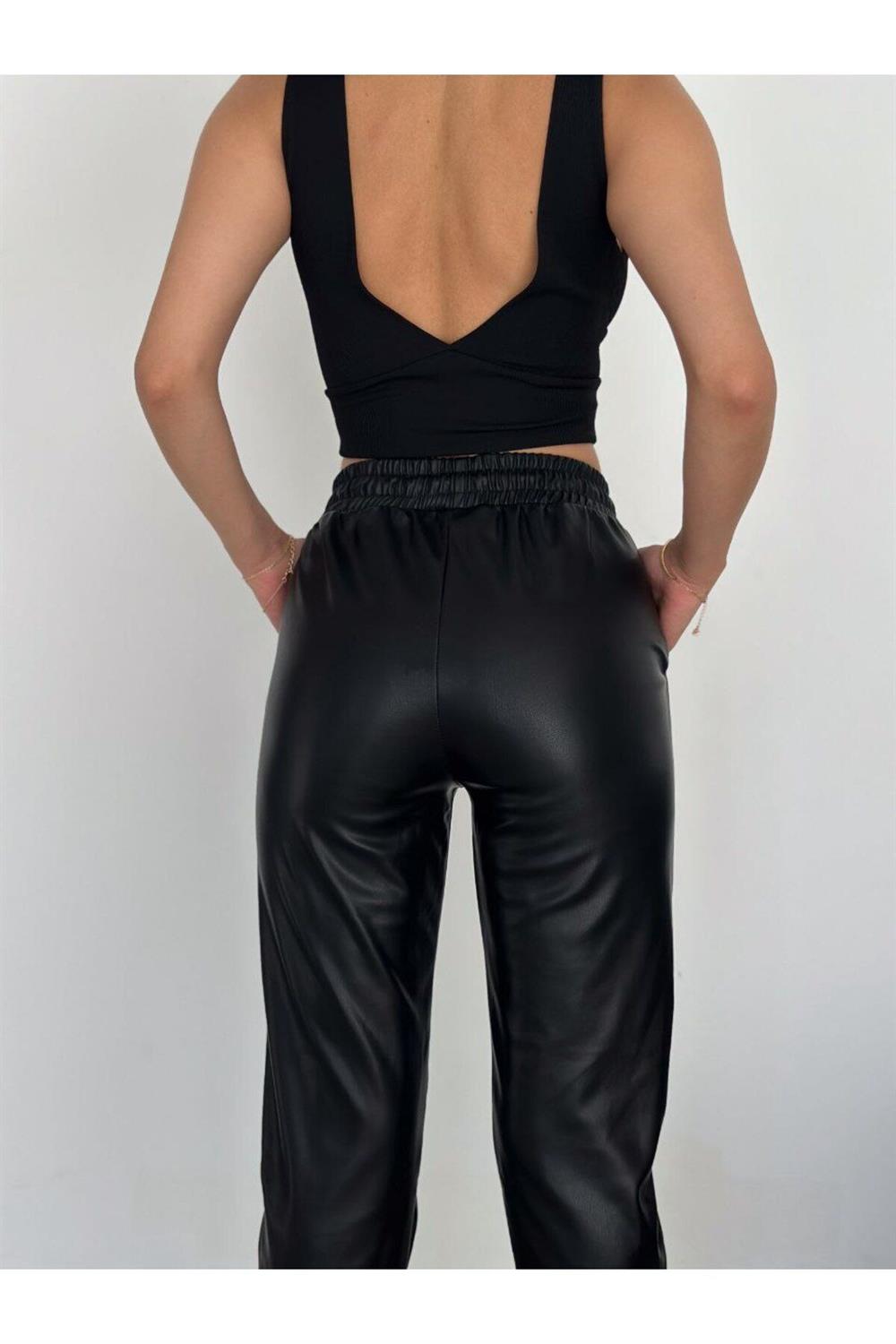 Beli Lastikli Suni Deri  Jogger Pantolon