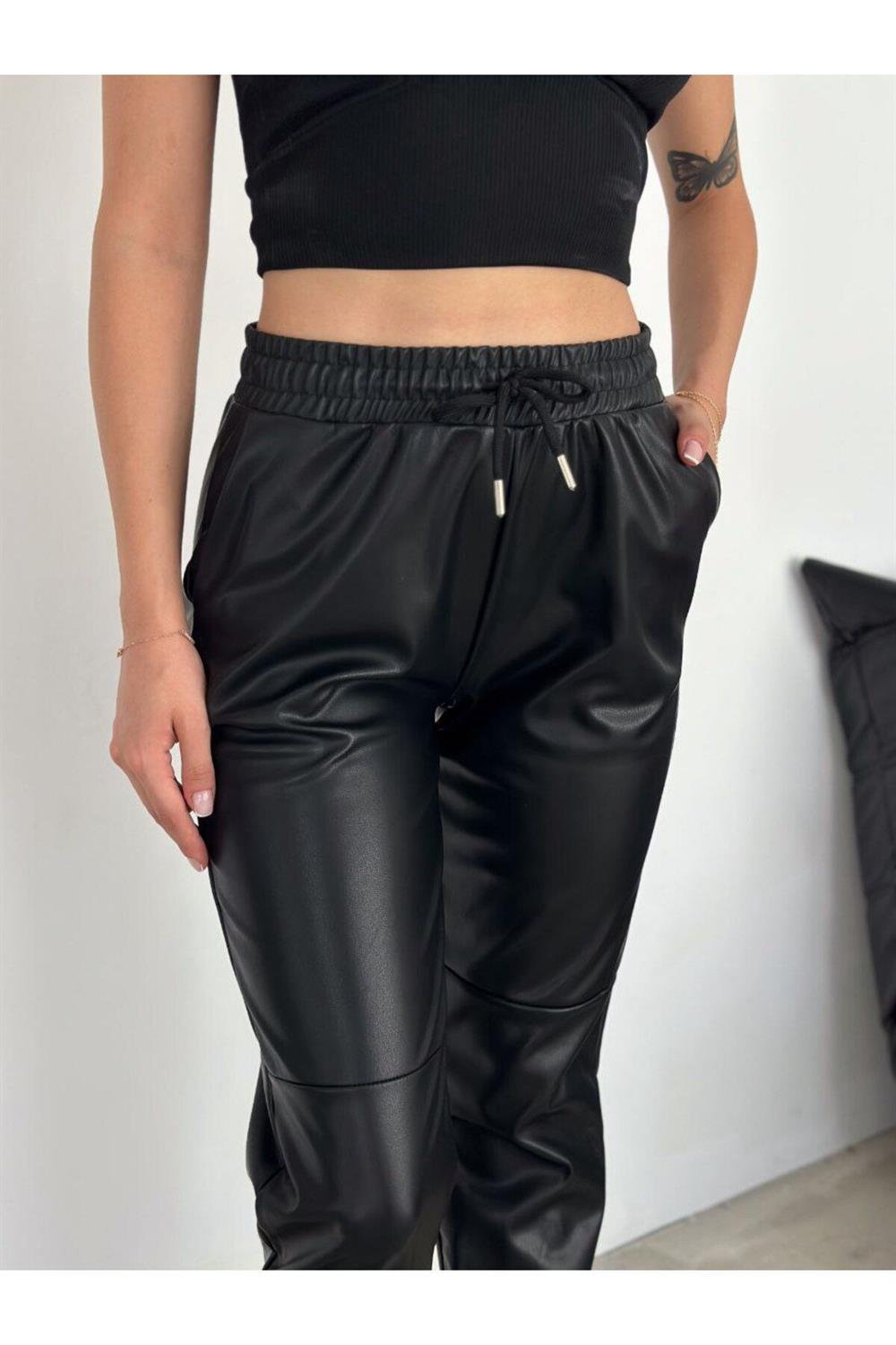Beli Lastikli Suni Deri  Jogger Pantolon