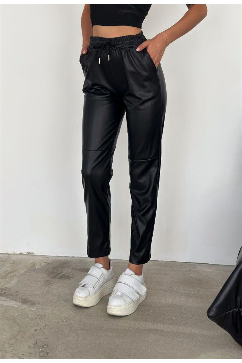 Beli Lastikli Suni Deri  Jogger Pantolon