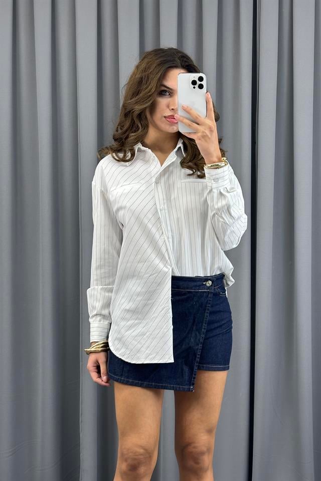 Beyaz Regular Fit Çizgili Uzun Kollu Poplin Gömlek GömlekST5330-4755TİCİMAX