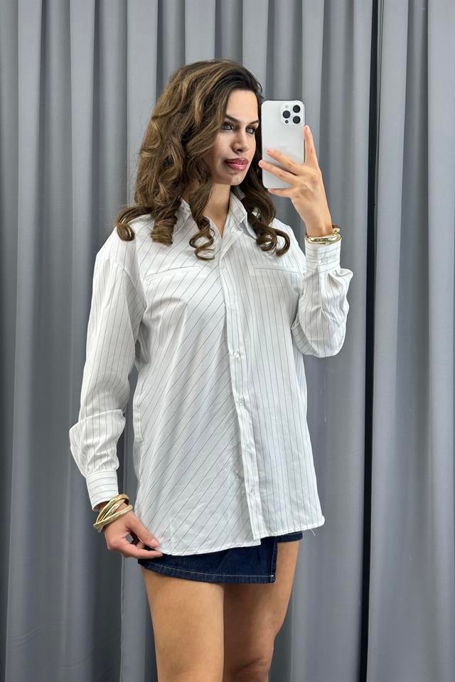 Beyaz Regular Fit Çizgili Uzun Kollu Poplin Gömlek GömlekST5330-4755TİCİMAX