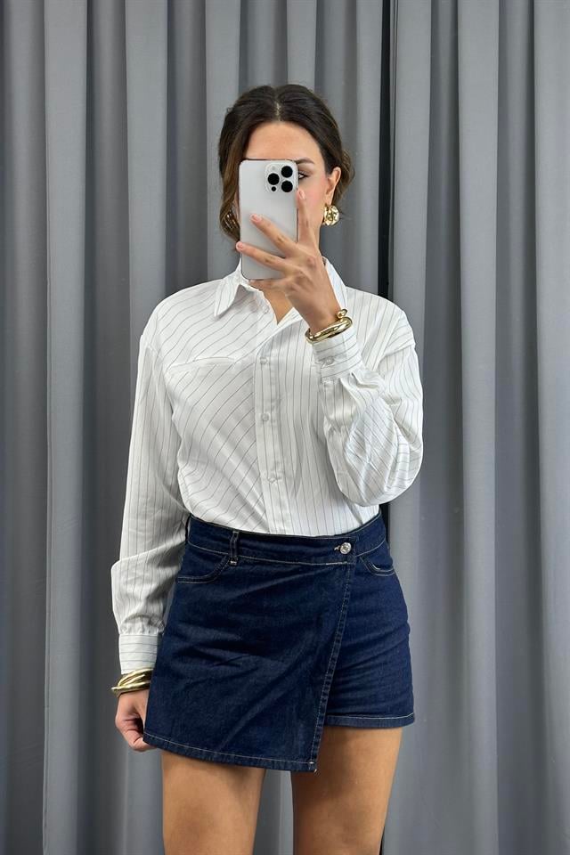 Beyaz Regular Fit Çizgili Uzun Kollu Poplin Gömlek GömlekST5330-4755TİCİMAX