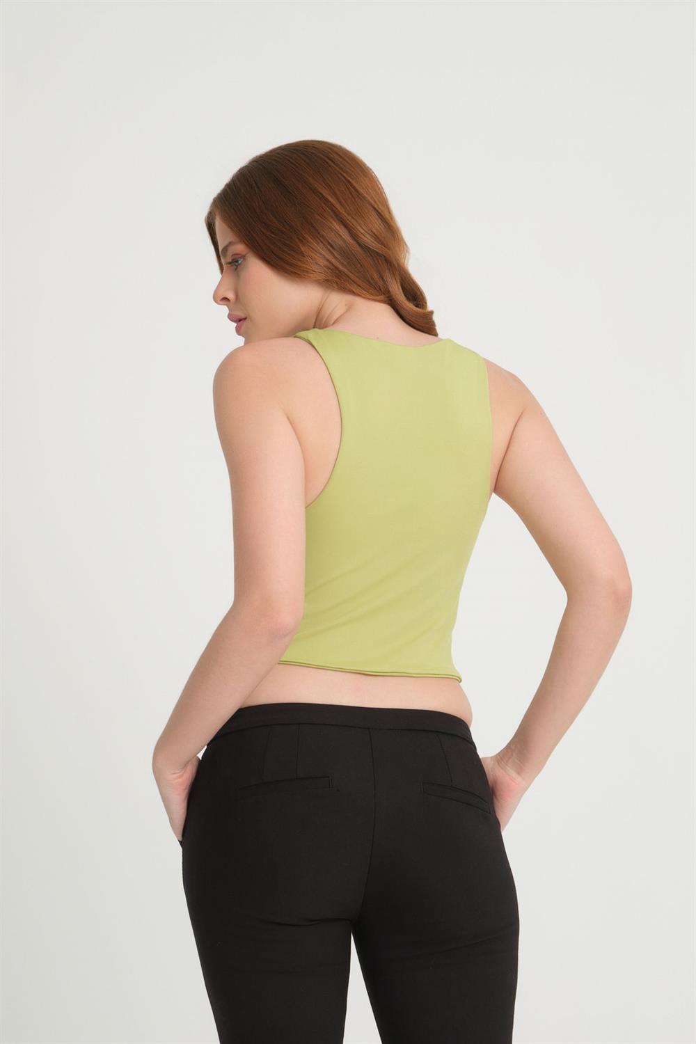 Bisiklet Yaka Askılı Crop Bluz Olive