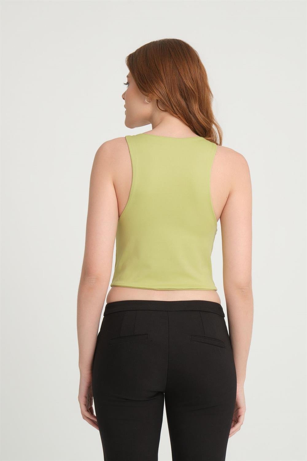 Bisiklet Yaka Askılı Crop Bluz Olive