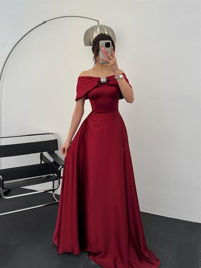 Bordo Önü Taşlı Fiyonk Detaylı  AbiyeAbiye & Mezuniyet ElbisesiST5531-1035
