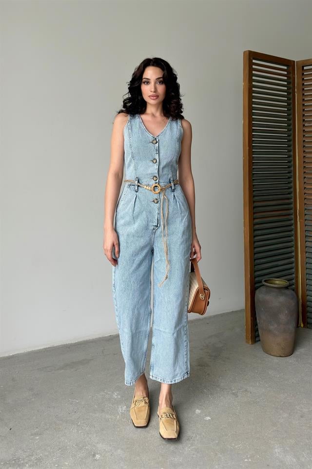 Buz Mavi Düğmeli  Kolsuz Denim TulumTulumST5680-037